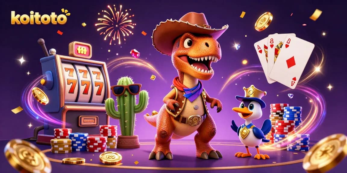 Koitoto showcases a dynamic casino scene with a cartoon T-Rex, coins, and slot reels illustrating the thrill of online betting.