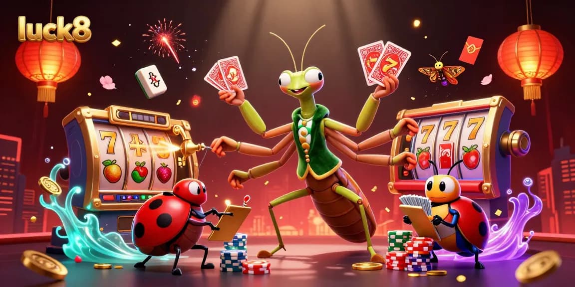 Engage with luck8's exciting casino experiences as a giant praying mantis deals cards surrounded by slot reels.