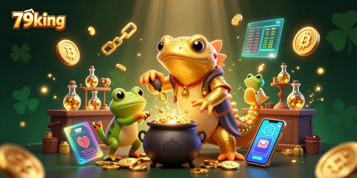 Engage with the enchanting world of 79king as golden coins and crypto elements illustrate online gambling magic.