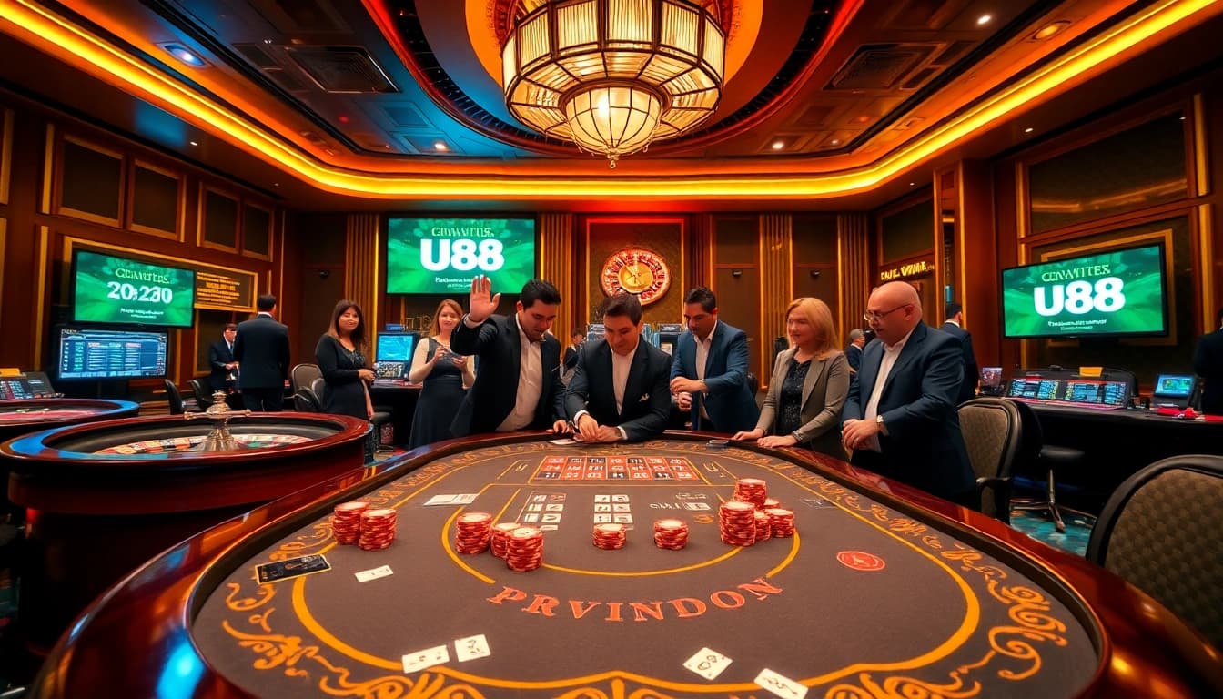 Players enjoying a thrilling U88 casino experience with vibrant poker tables and roulette wheels.