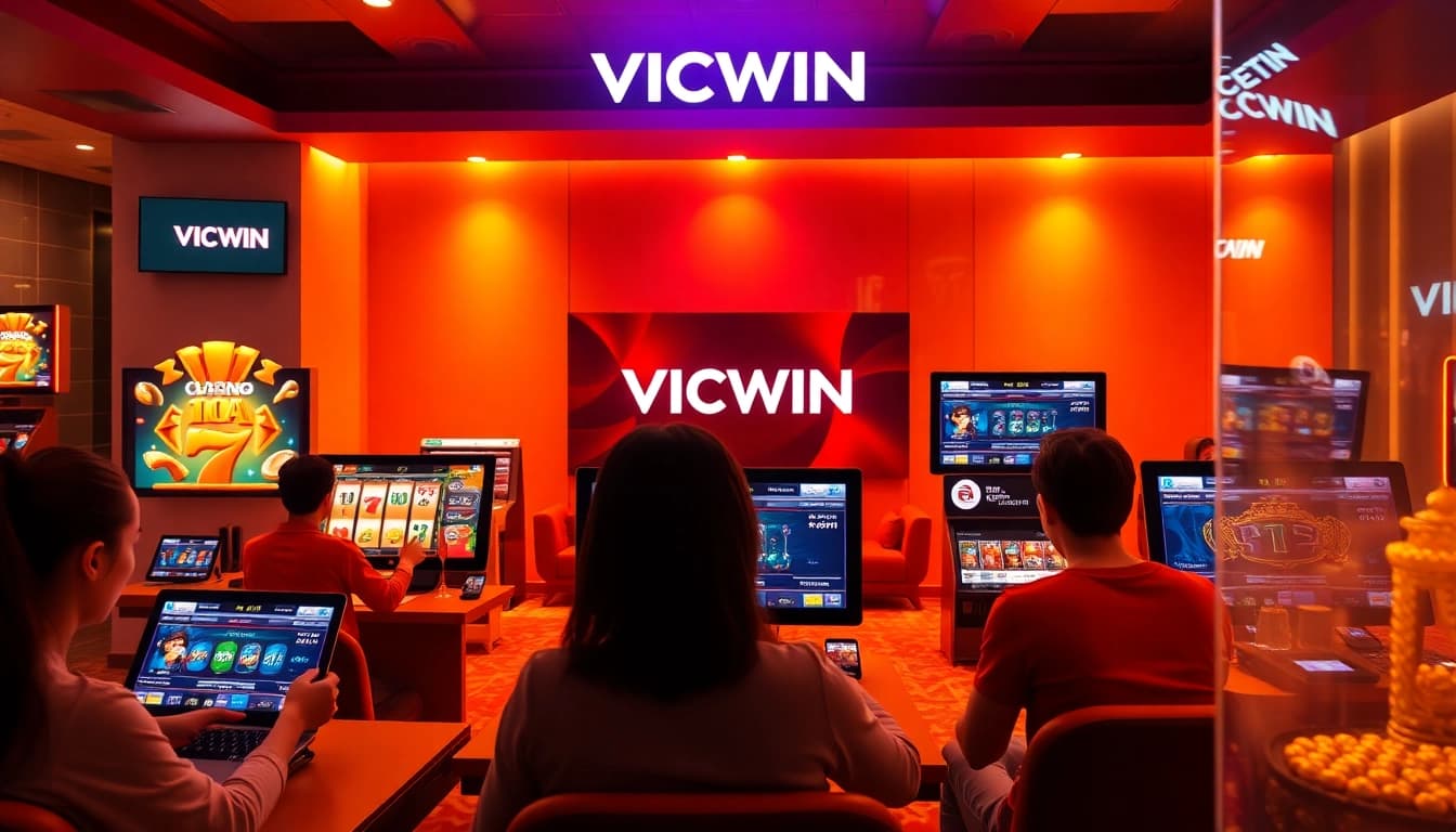 Engaging online casino scene with VICWIN logo showcasing vibrant gaming atmosphere.