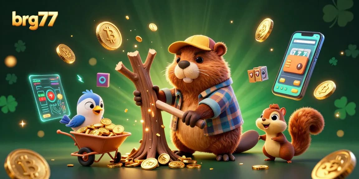 Spin the reels with brg77 as cartoon characters collect golden coins and stack acorns in a vibrant casino scene.