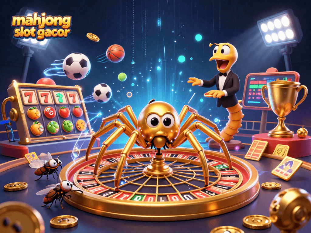 Engage in thrilling gameplay with mahjong slot gacor, featuring a vibrant scene of golden spider and spinning roulette elements.
