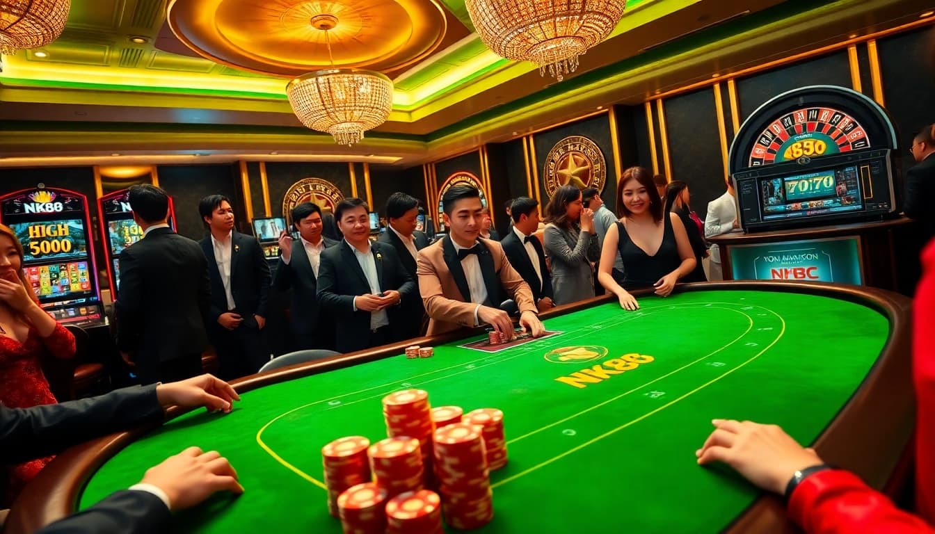 Excited players at the NK88 casino table, surrounded by vibrant slot machines and a professional dealer.