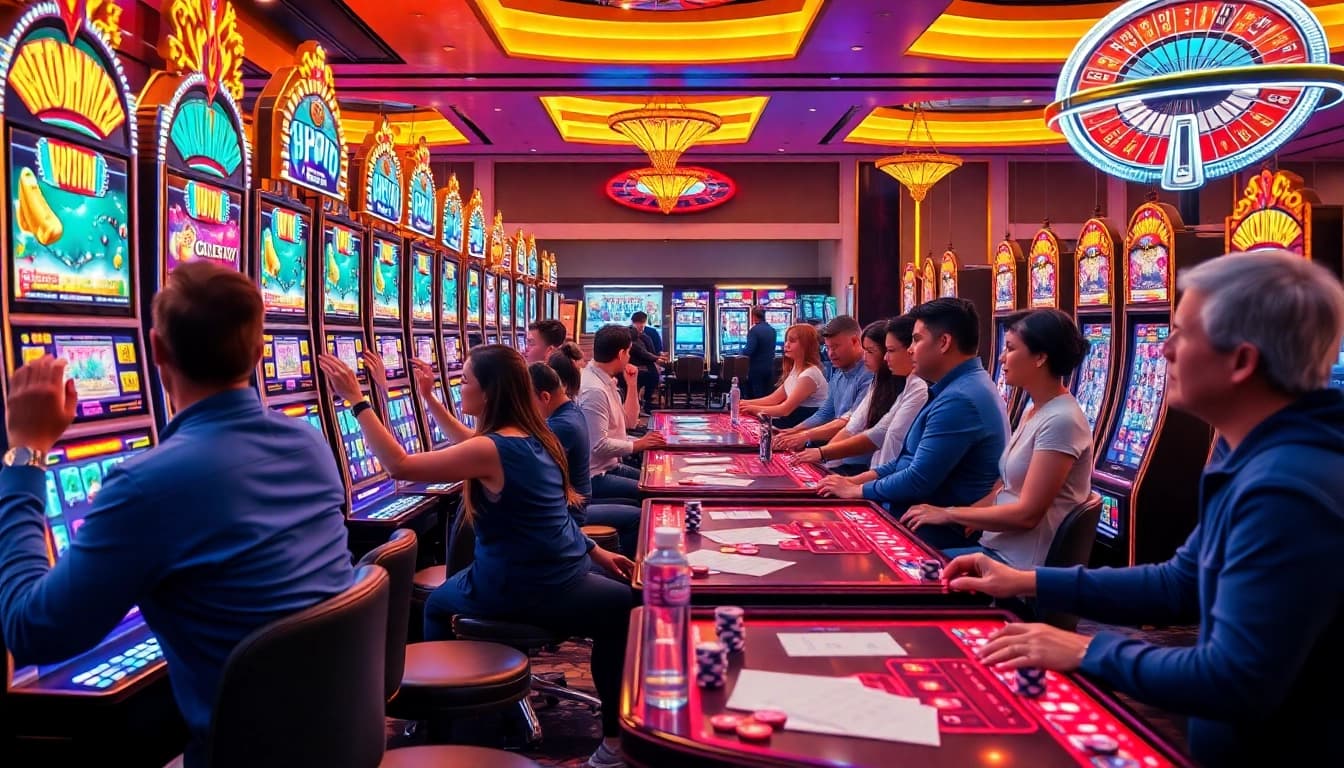 Pemain merayakan kemenangan besar di mesin slot M1toto dalam suasana kasino yang meriah