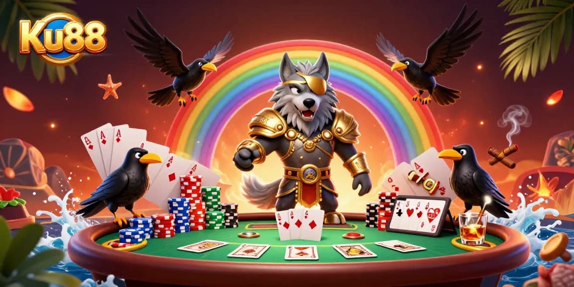 Engage in thrilling gameplay with Ku88's vibrant casino scene featuring majestic characters.