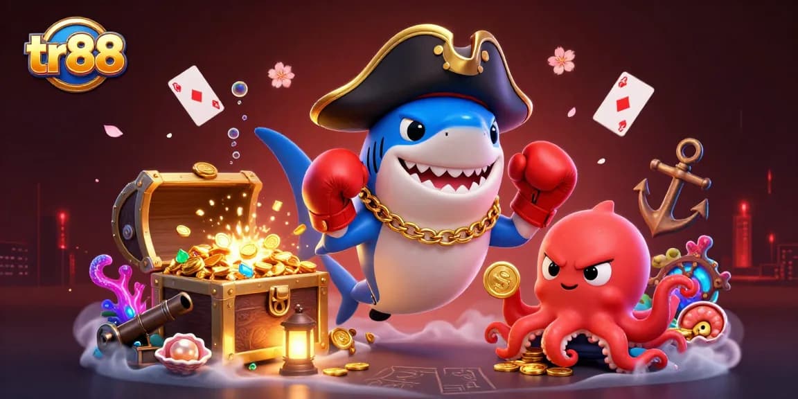 tr88 casino fun with cartoon pirate shark, pufferfish, and octopus amidst gold coins