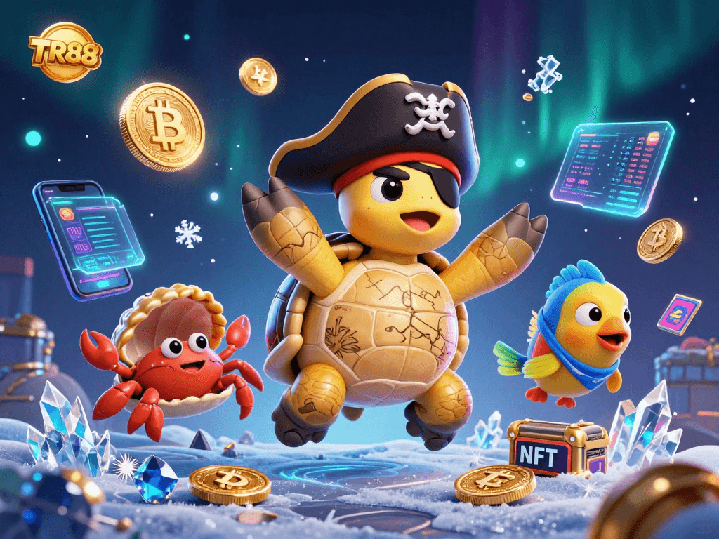 Experience the excitement of TR88 casino with vibrant characters and cryptocurrency elements, showcasing winning opportunities.