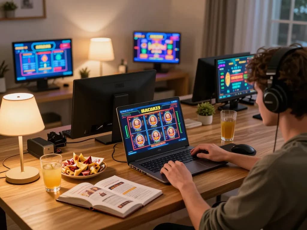 Player enjoying macan33 slots on a laptop in a cozy home gaming setup.
