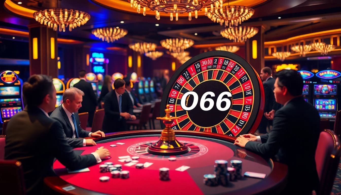SODO66 casino patrons enjoy an exciting game at a vibrant roulette wheel in a luxurious setting.