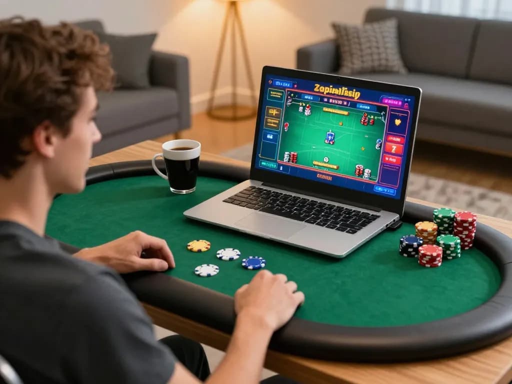 Engaging online poker gameplay on TX88 platform with cozy home setup featuring laptop and poker chips.