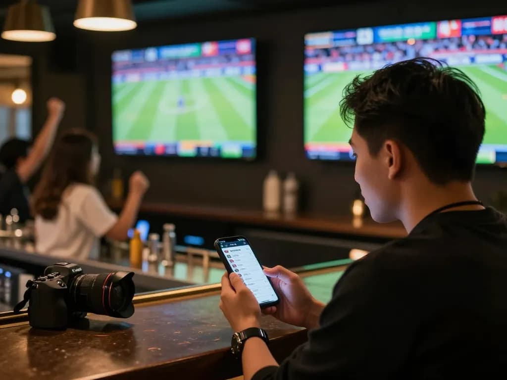 Engaging moment of sports betting at a bar showcasing kèo nhà cái on a smartphone amidst excitement and cheering crowd