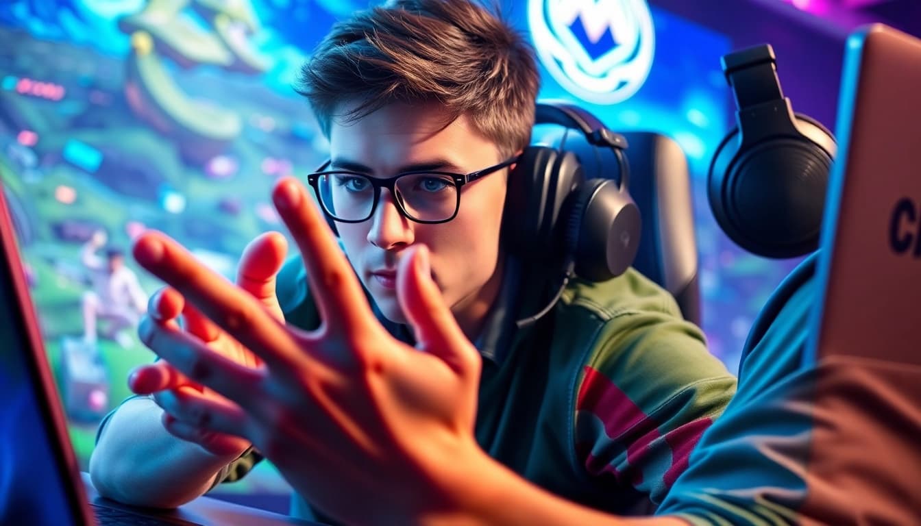 Os jogadores de hi game competindo em um ambiente vibrante e tecnológico.