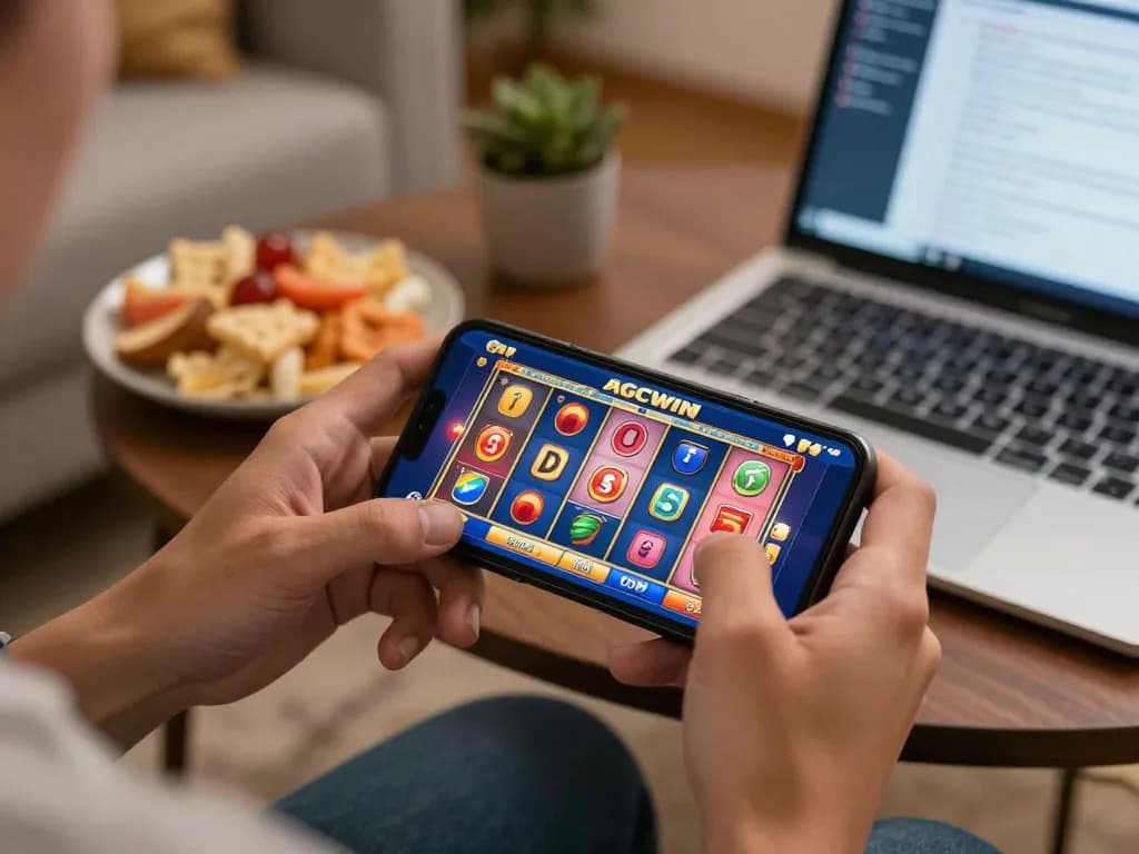 Pemain menikmati permainan kasino mobile AGCWIN di smartphone, menampilkan antarmuka slot yang cerah dan suasana yang nyaman.