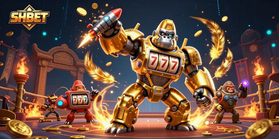 Join the excitement at SHBET with the fierce golden gorilla mech and vibrant casino action.