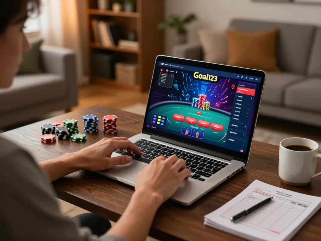 Engaging with goal123 on a laptop while managing bankroll in a cozy home setting.