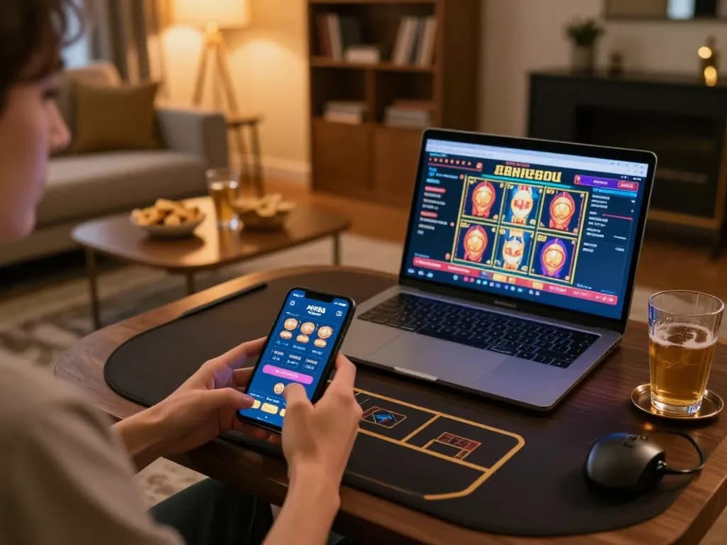 Pemain menikmati aplikasi kasino mobile AP686 di smartphone mereka di ruang tamu yang nyaman selama sesi permainan