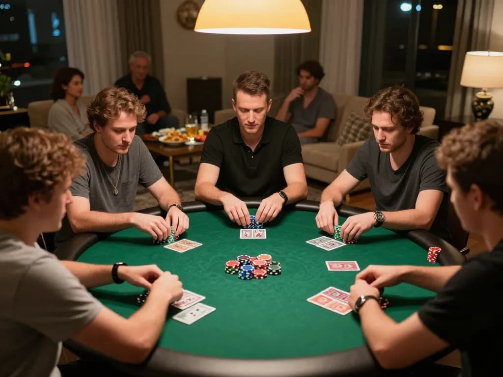 Players enjoying an intense TT88 poker night with chips and cards on the table, emphasizing strategy and camaraderie.