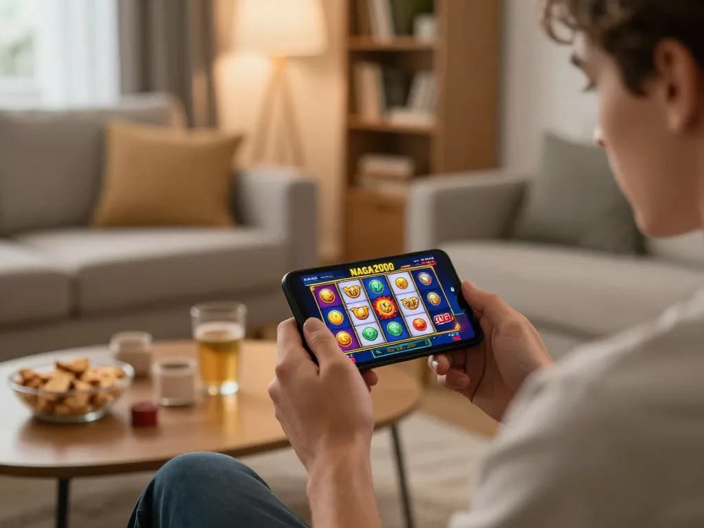 NAGA2000 player engaging in online slots from a cozy living room setup, showcasing vibrant gaming interface.