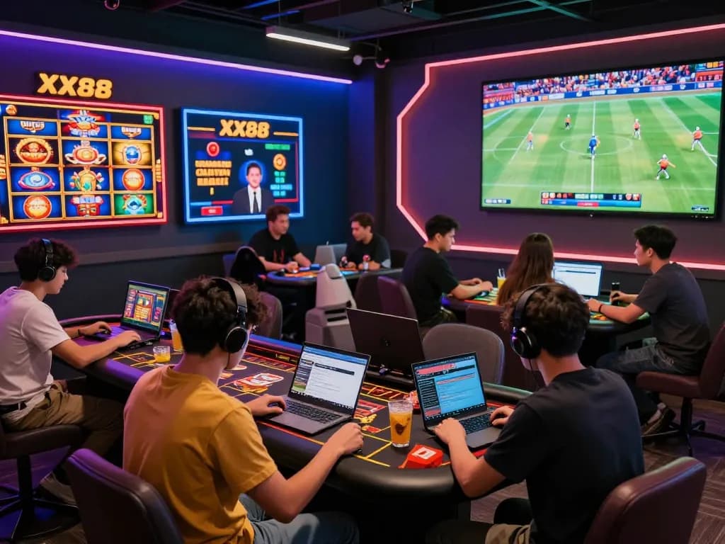 Players engaging with the XX88 online gaming platform, highlighting casino and sports betting activities in a vibrant atmosphere
