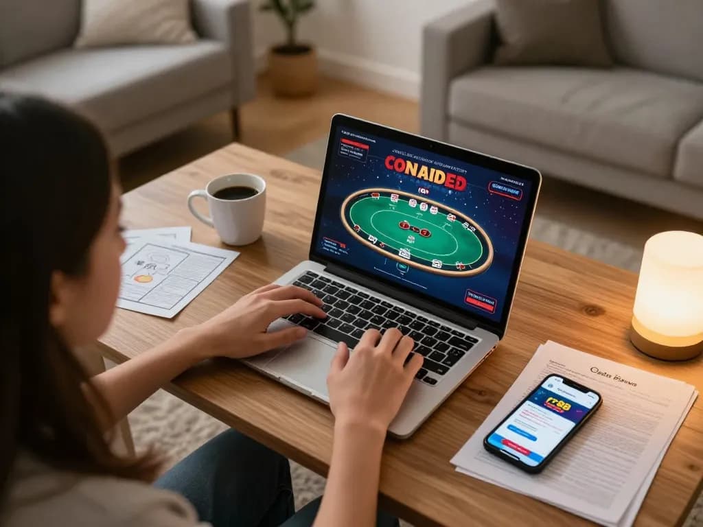 Player engages in poker on rr88 app at warm home setup with strategy notes and coffee.