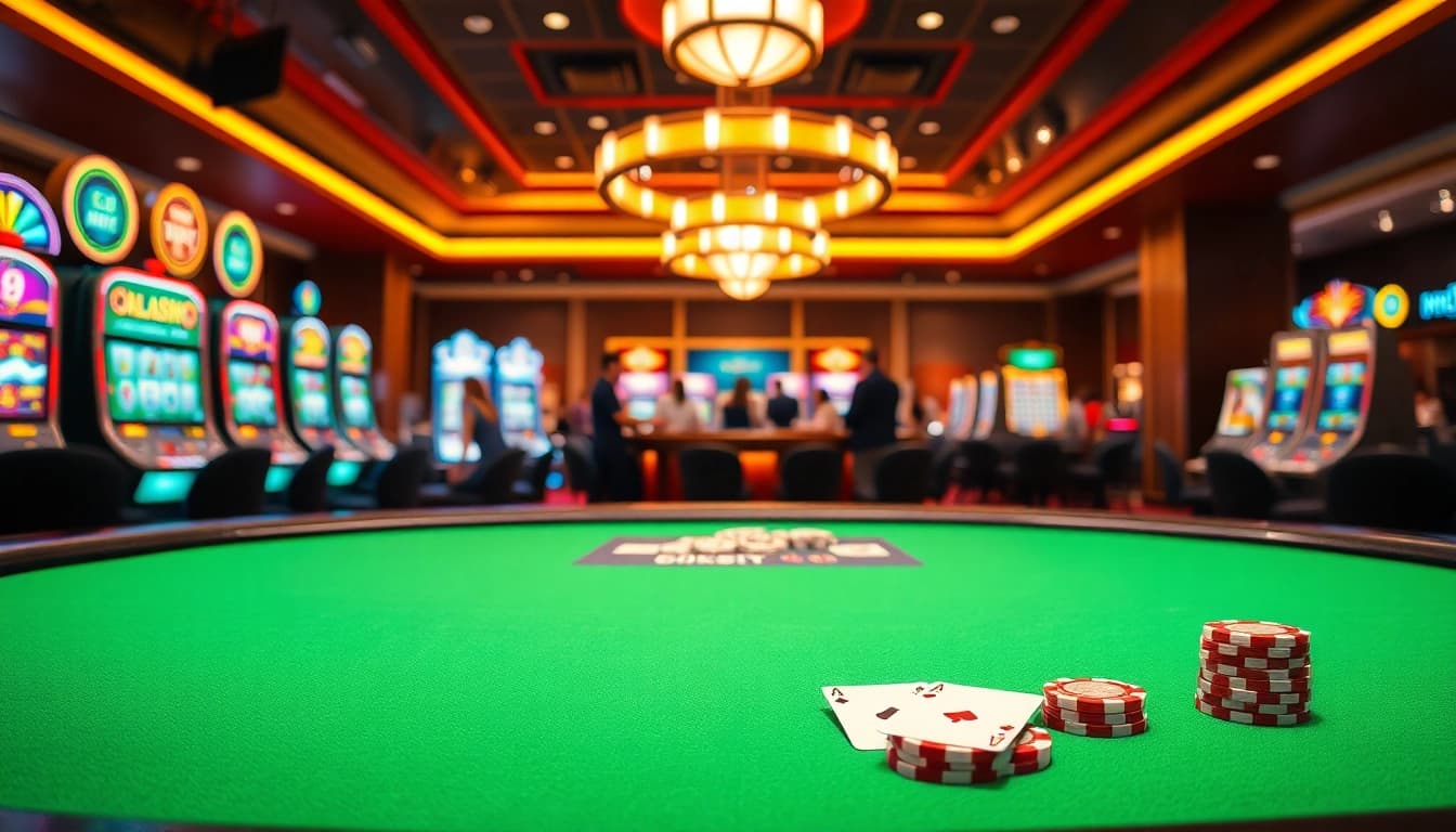 uu娱乐 showcases a lively casino atmosphere with a poker table and excitement in the background.