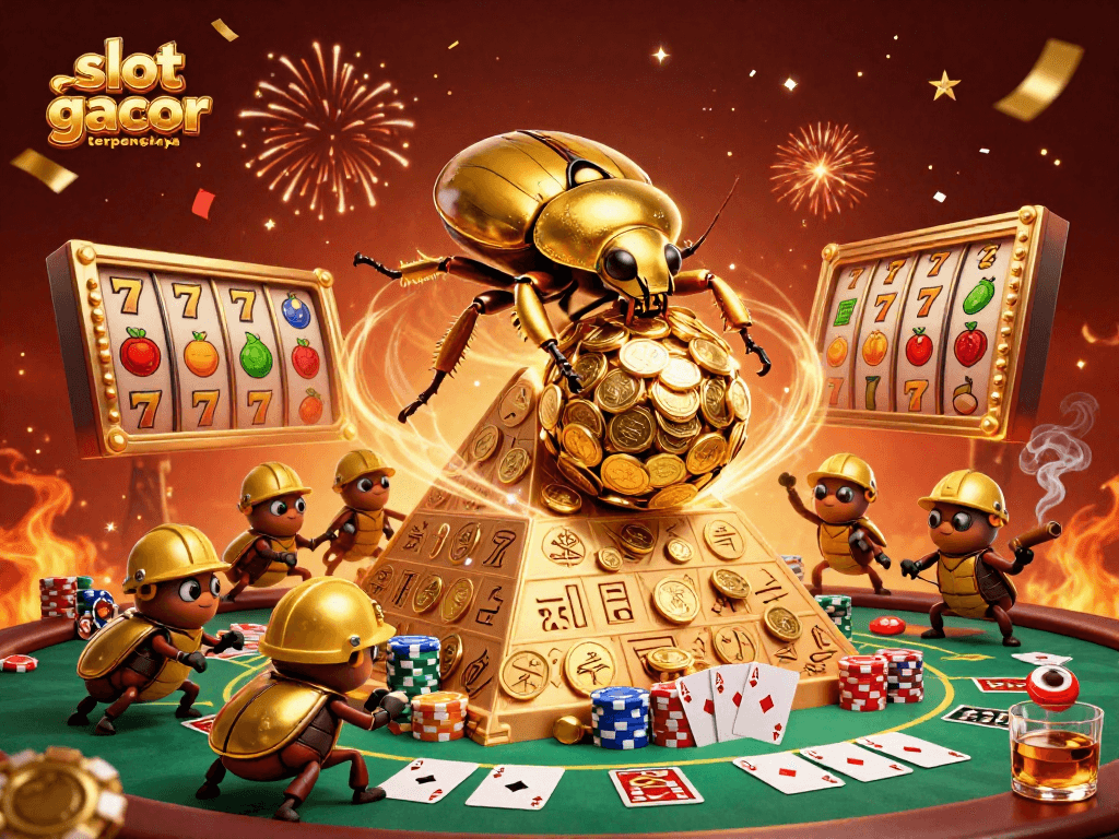 Engage with slot gacor terpercaya through a vibrant 3D scene of gold coins and excited beetles.