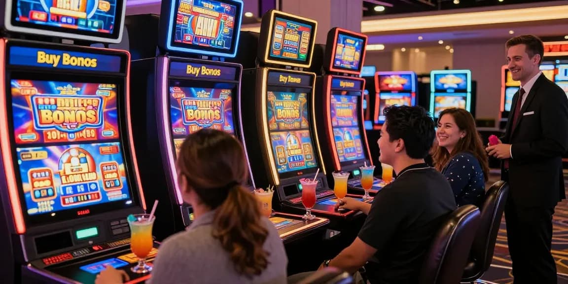 Players enjoying bonus buy slots at a vibrant casino atmosphere filled with excitement and energy.
