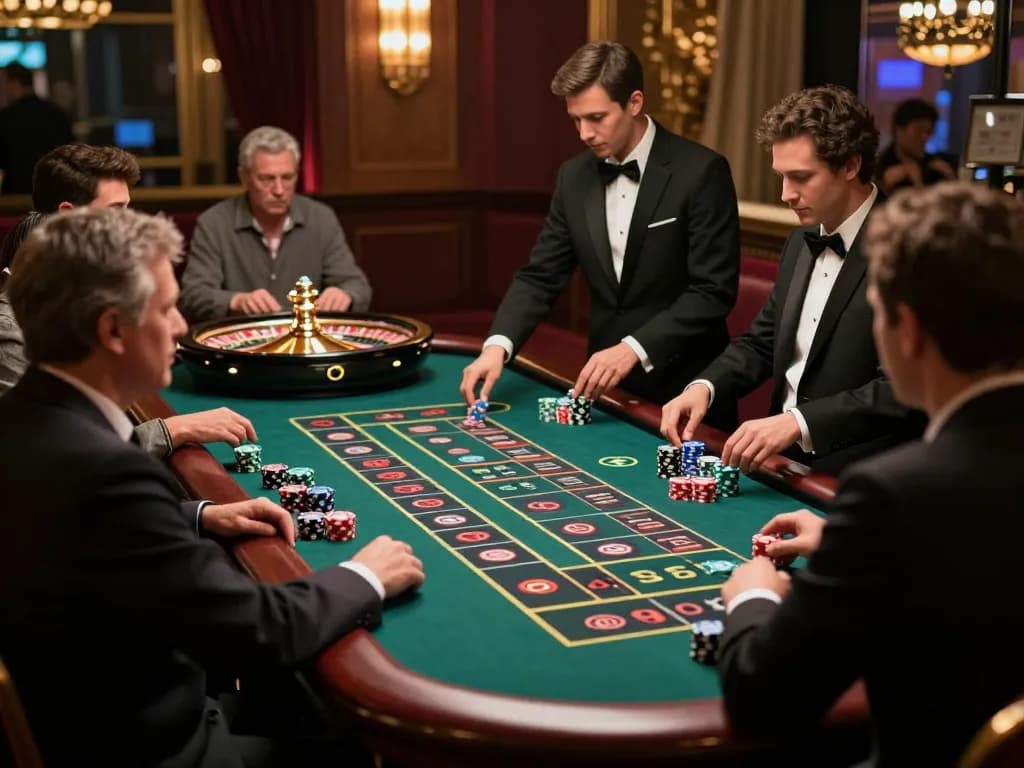 Cảnh bàn roulette LUCK8 với người chơi tham gia đặt cược chiến lược và một dealer quản lý vòng quay.