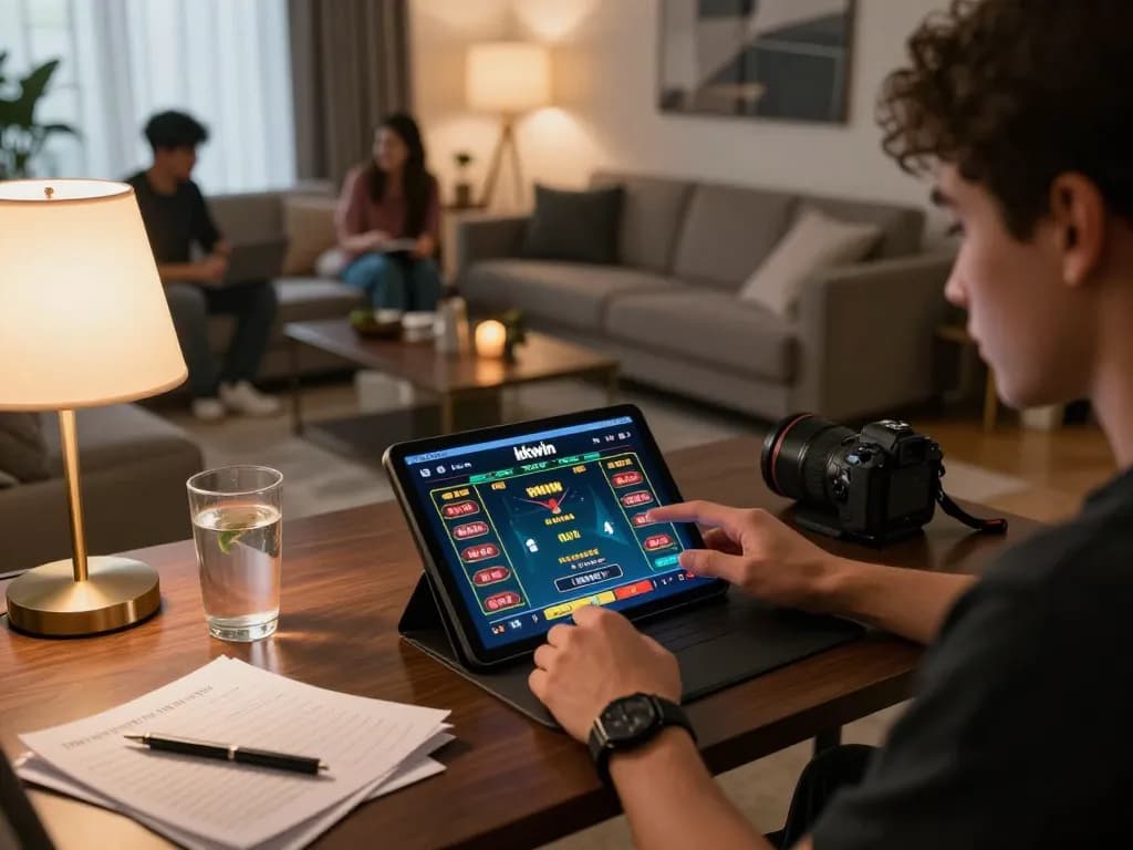 Engaging with the kkwin casino app in a cozy home setting, highlighting online betting strategy