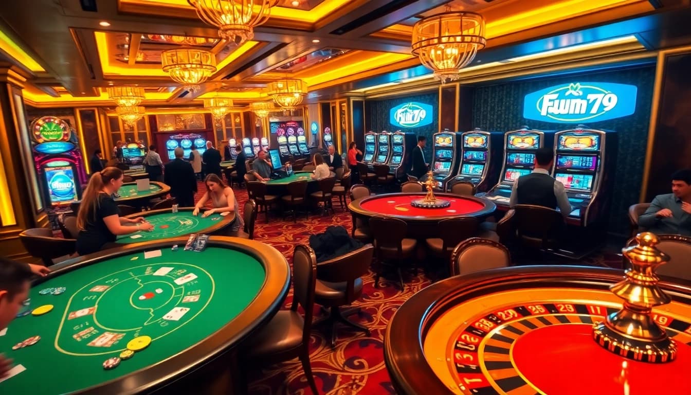 Engaged players enjoying blackjack and poker at Fun79 casino with vibrant decor.