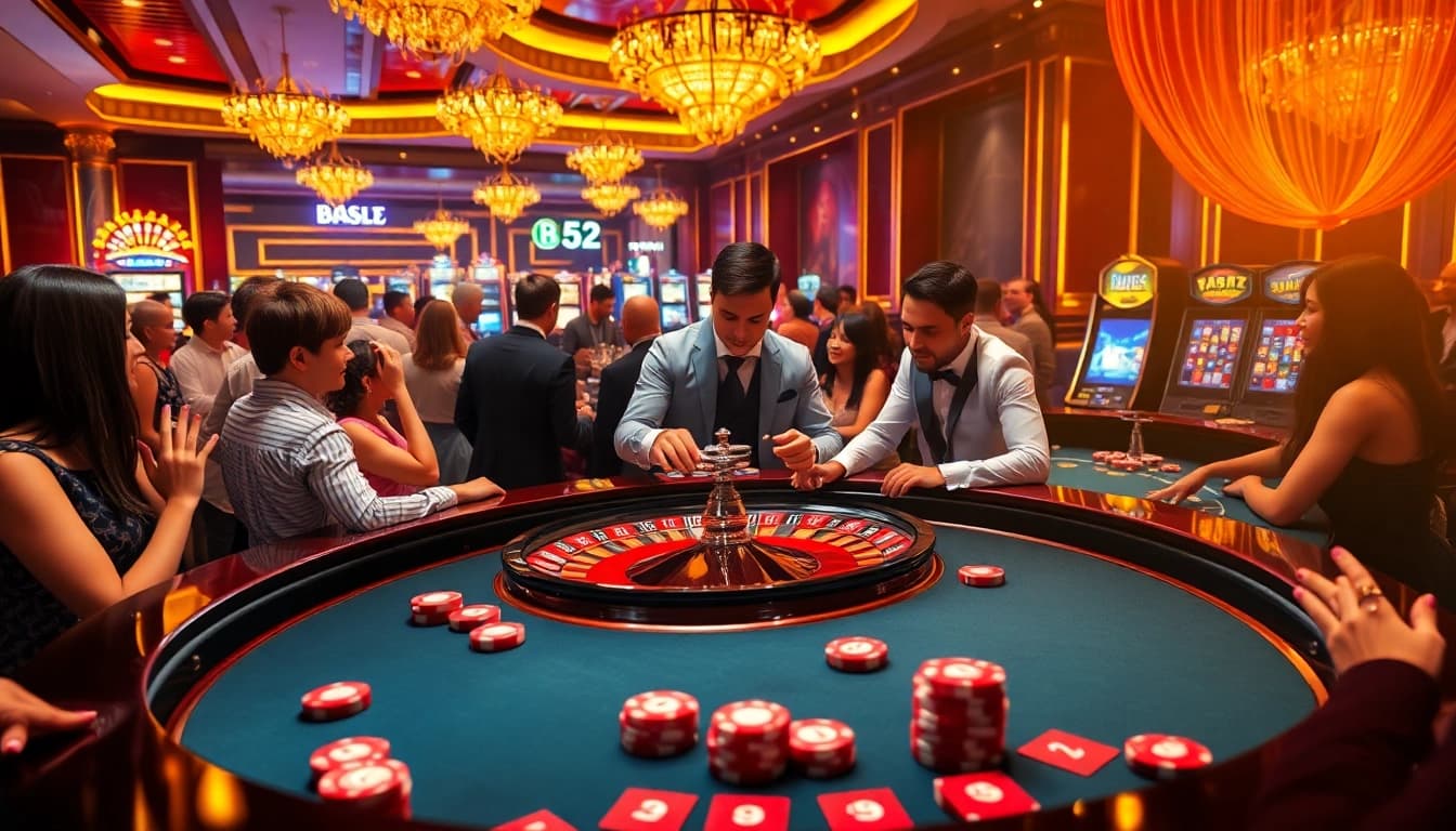 Engaging players at the B52 CLUB roulette table, showcasing a vibrant casino atmosphere.