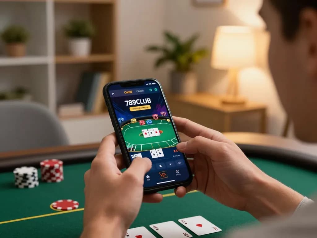 Engage with 789CLUB app for online poker from a cozy home setup, capturing gameplay moments.