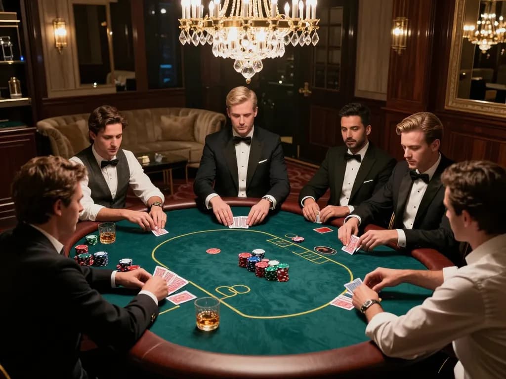 Witnessing luck8 win in a high-stakes poker game at an upscale casino, players focused on their cards