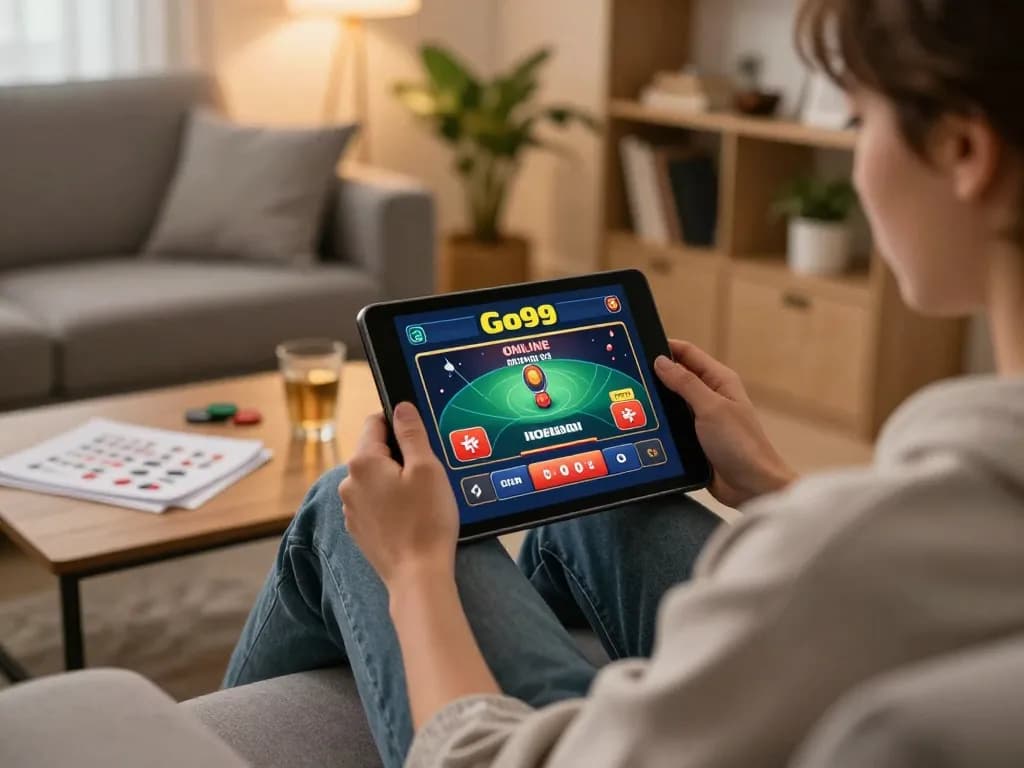 Engaged player using Go99 app for online gaming in a comfortable home setting.