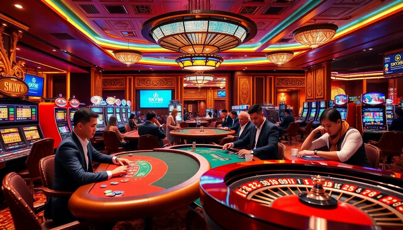 Experience thrilling gaming at sky88 casino with vibrant tables and excited players