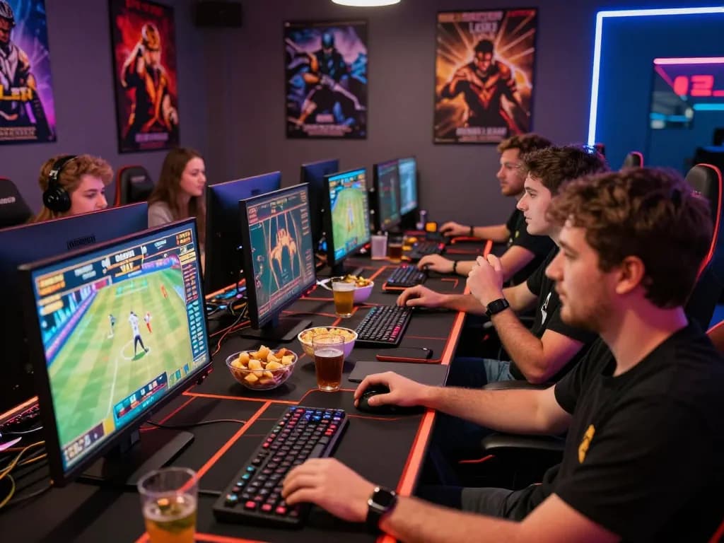 Friends enjoying immersive kuwin online gaming experience with bright screens and snacks.