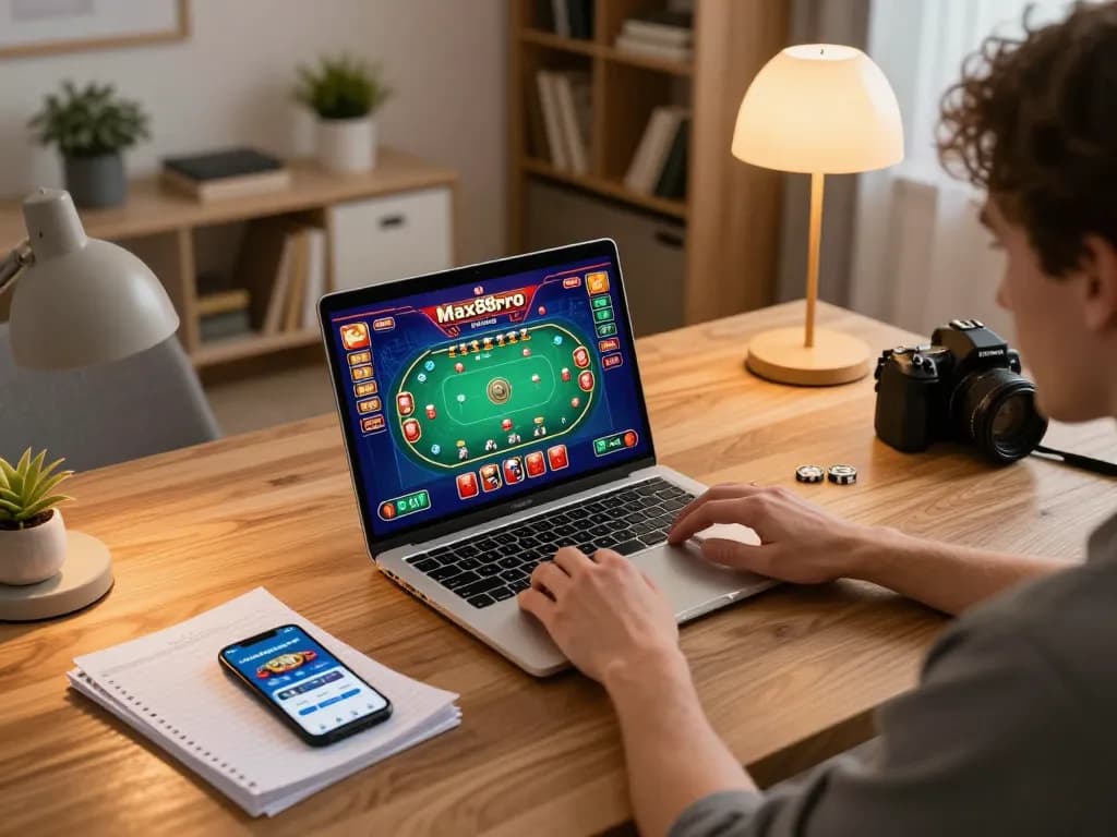 Engaging in online poker gaming on max88pro laptop with strategic notes in a cozy home setting