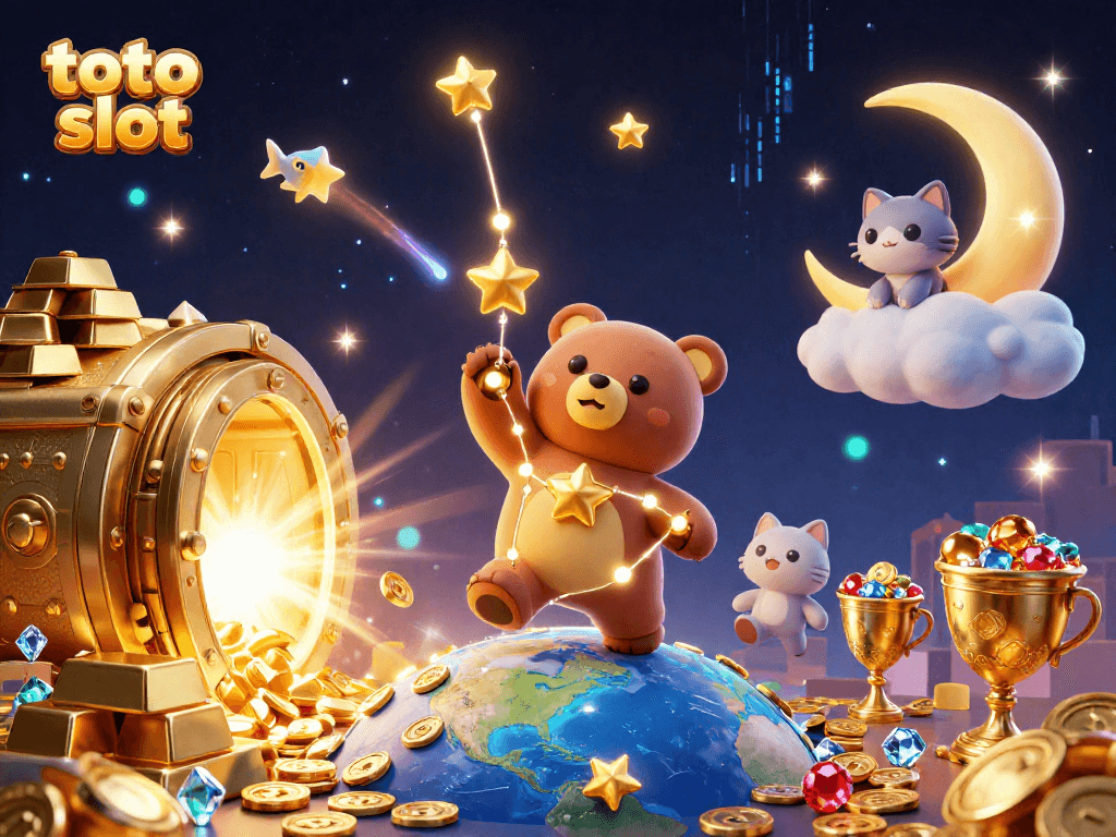 Spin the reels for massive wins at toto slot, with vibrant treasures scattered throughout the scene.