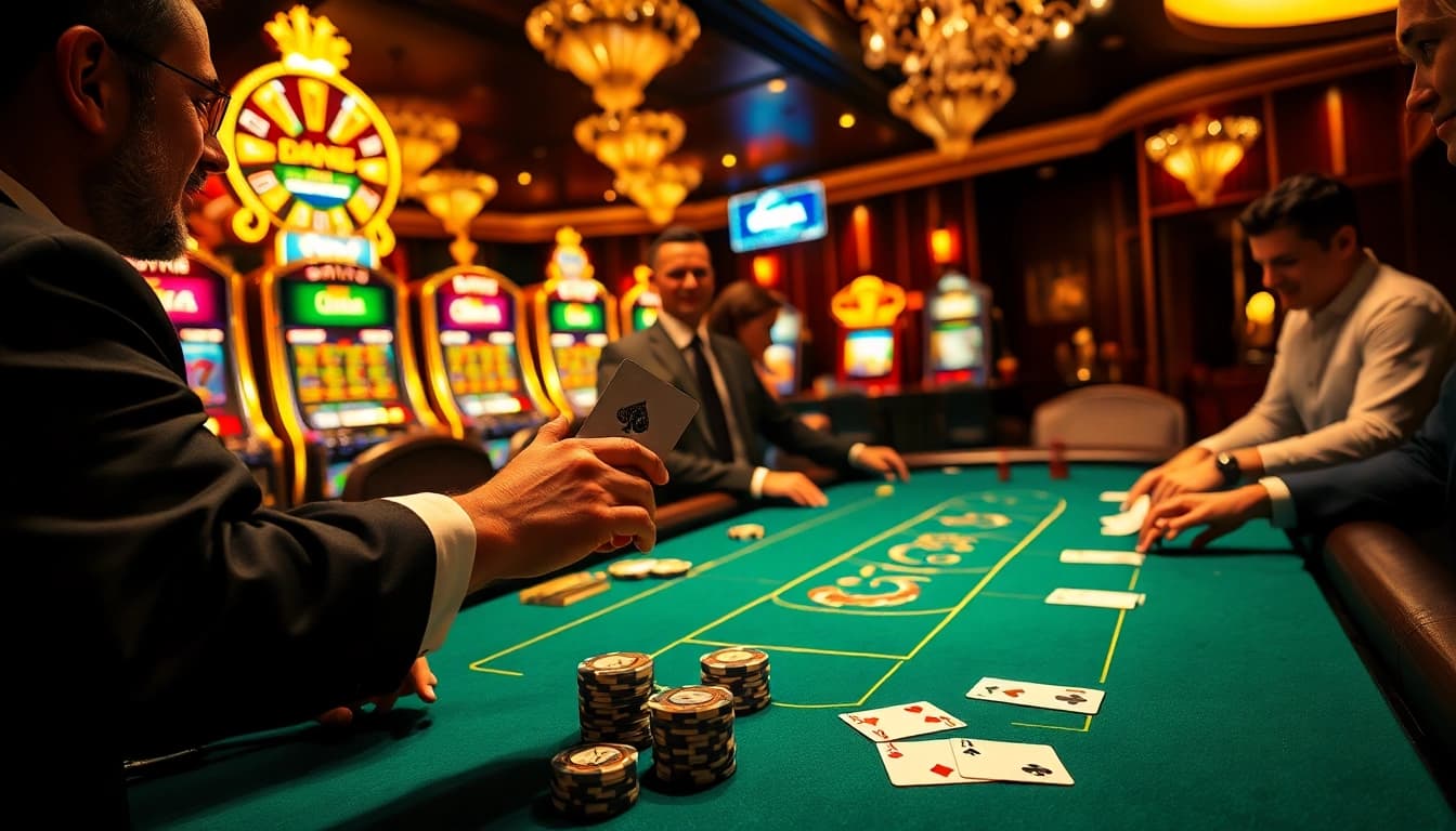Daga-themed exciting casino moment with players at a luxury blackjack table.