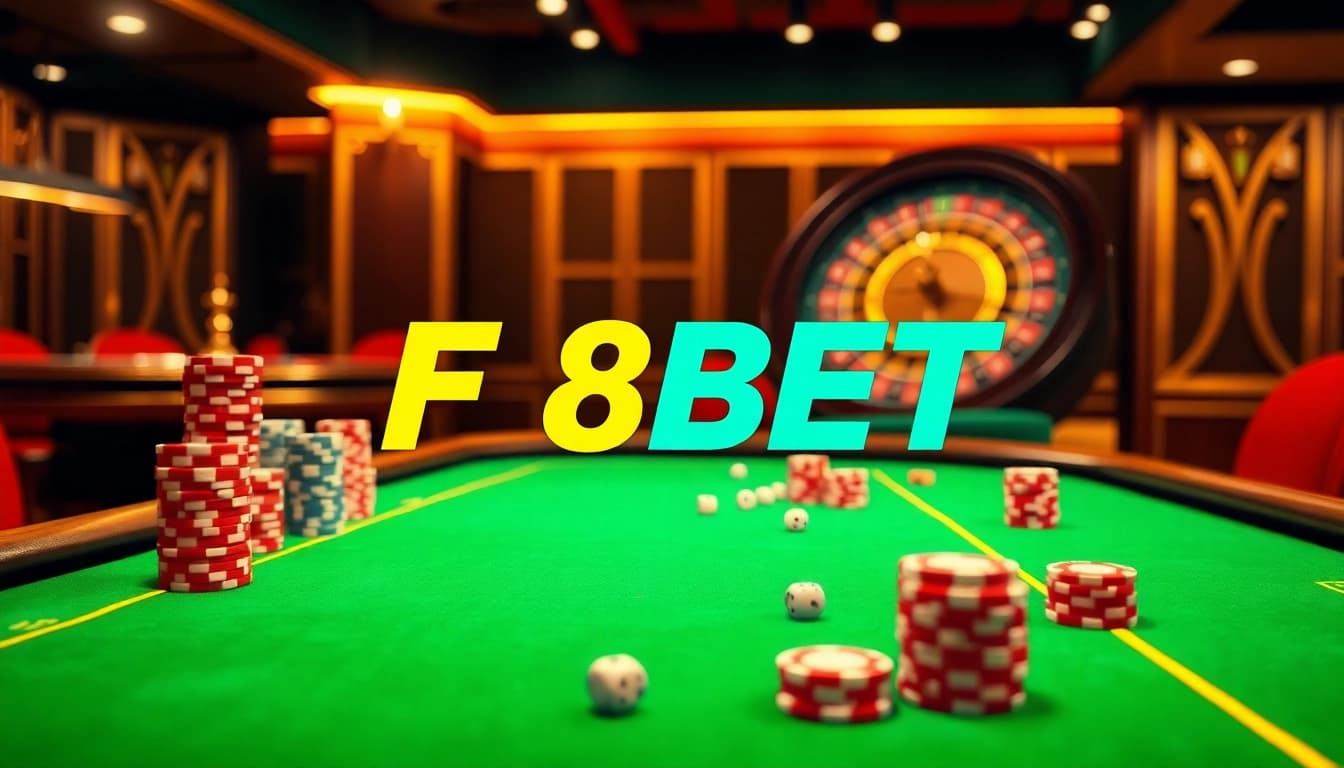 Experience the thrill of F8BET with a vibrant casino scene featuring poker chips and a roulette wheel.