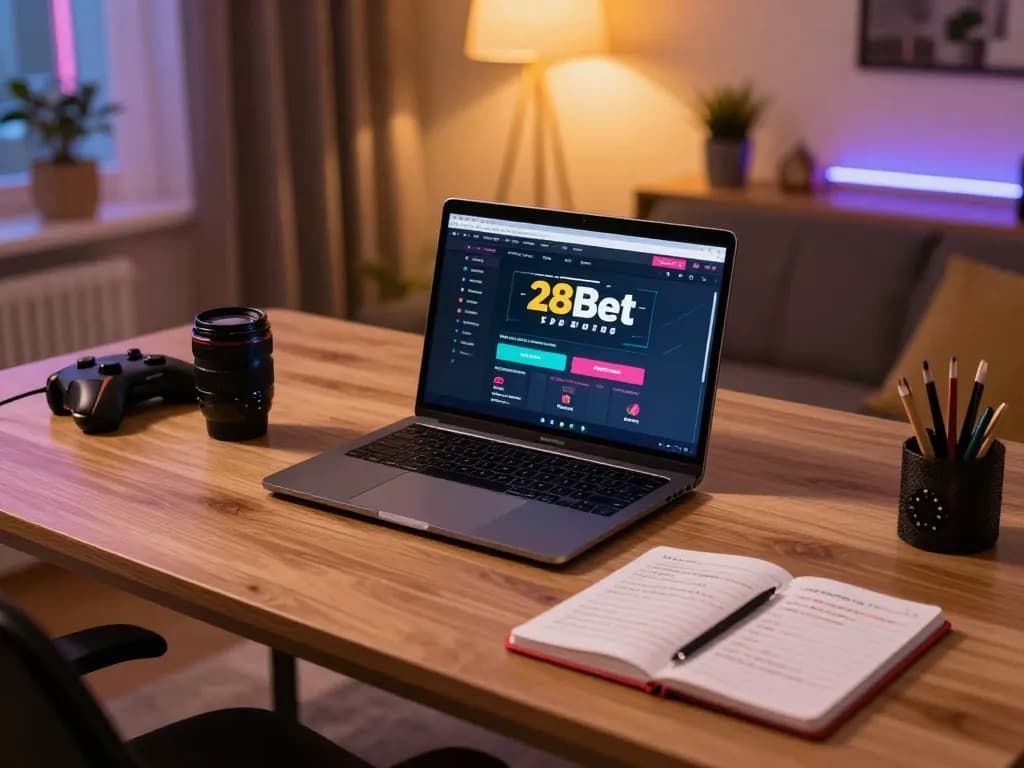 Engaging in sports betting on 28Bet via laptop with strategic notes in a cozy home setting.