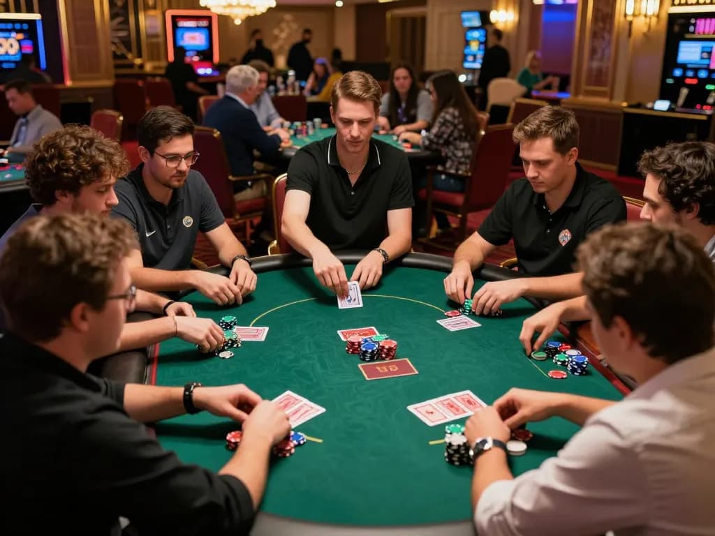 Players strategizing and betting at a poker table at soc88 casino.