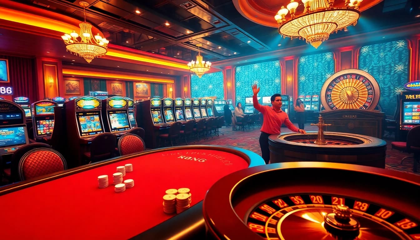 A thrilling RR88 online gambling scene featuring a vibrant poker table, glowing slots, and a roulette wheel.