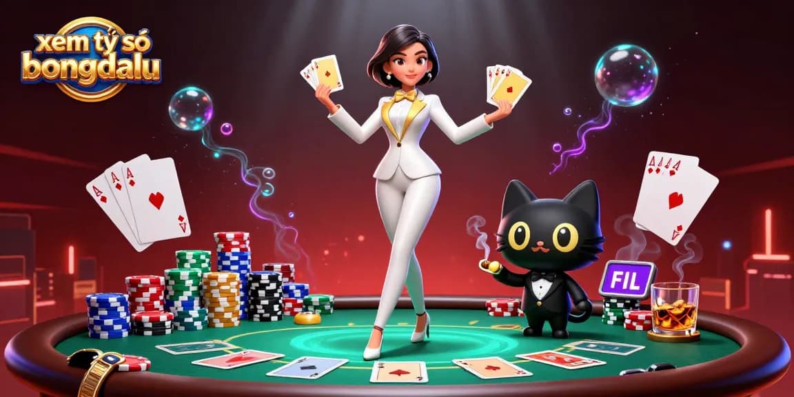 Experience xem tỷ số bongdalu with a glamorous dealer and a cartoon cat, showcasing thrilling card action.
