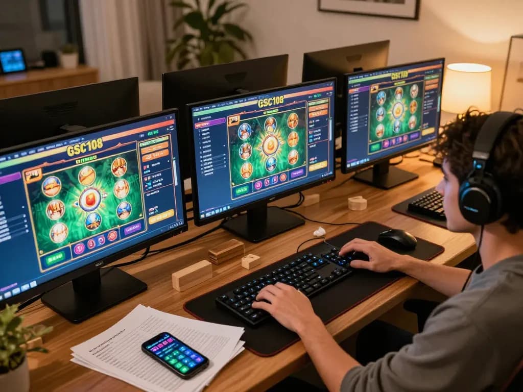 Memainkan slot online Gsc108 di berbagai layar dalam pengaturan permainan nyaman di rumah.