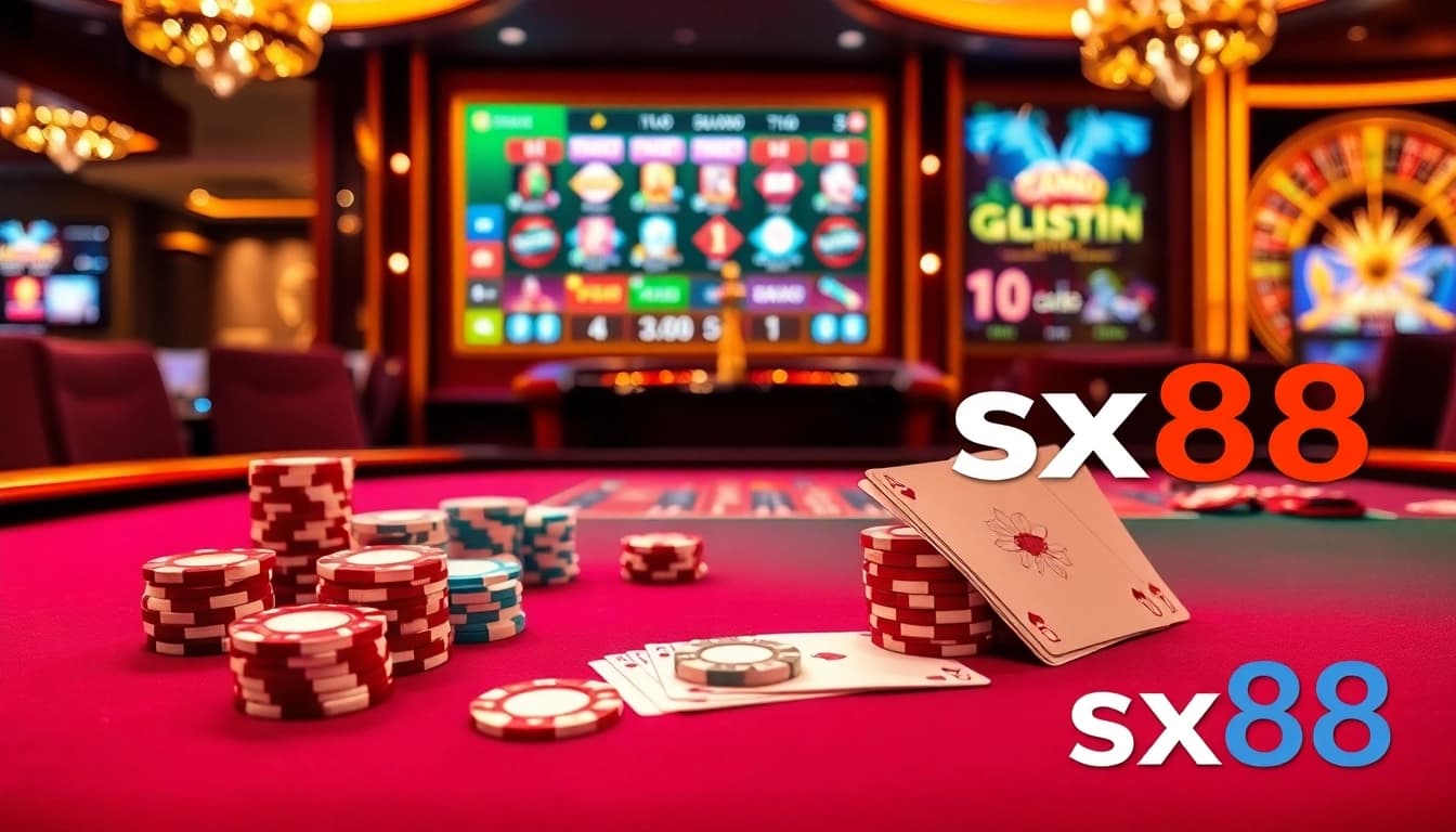 Experience intense gameplay at sx88's casino tables filled with vibrant poker chips and dazzling roulette wheels.