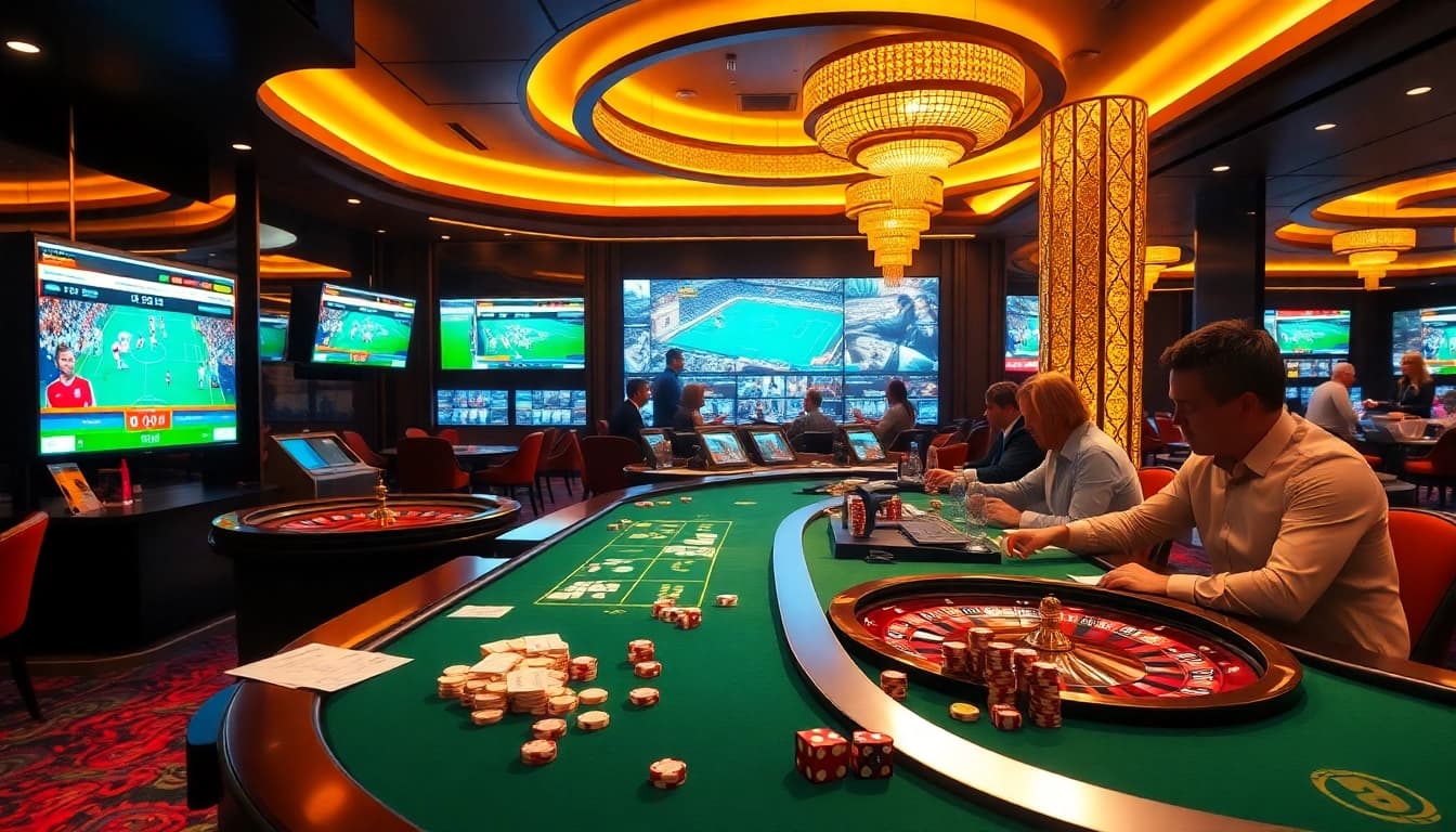 Engaging scene of gamblers placing bets on Judi Piala Dunia with excitement in a luxurious casino setting.