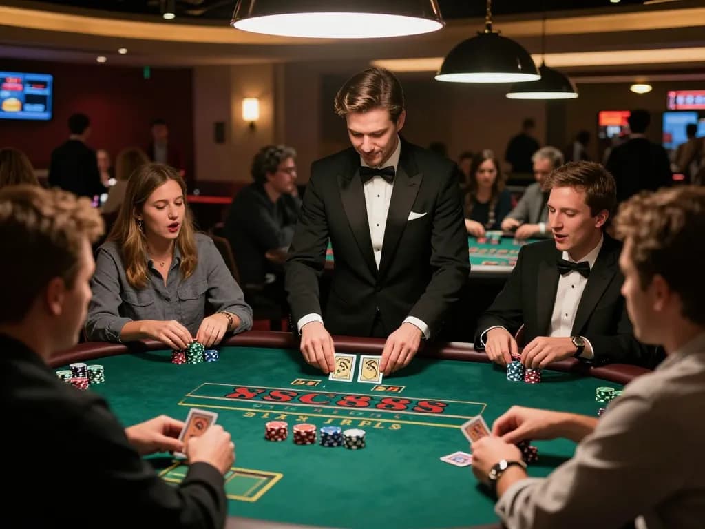 Players making strategic bets at a SC88 BET blackjack table in an upscale casino.