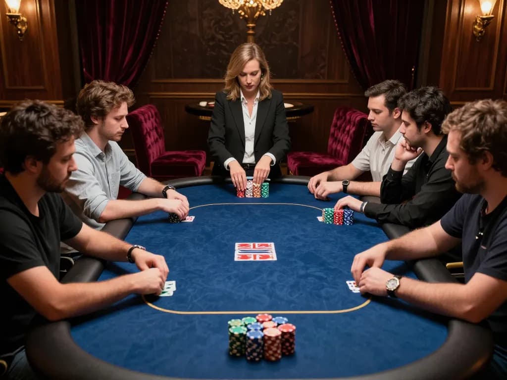 Players navigating a high-stakes poker game at Fabet's luxurious casino, showcasing strategic gameplay and excitement